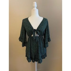 SHEIN Ruffle Trim Front Tie Dalmatian Romper